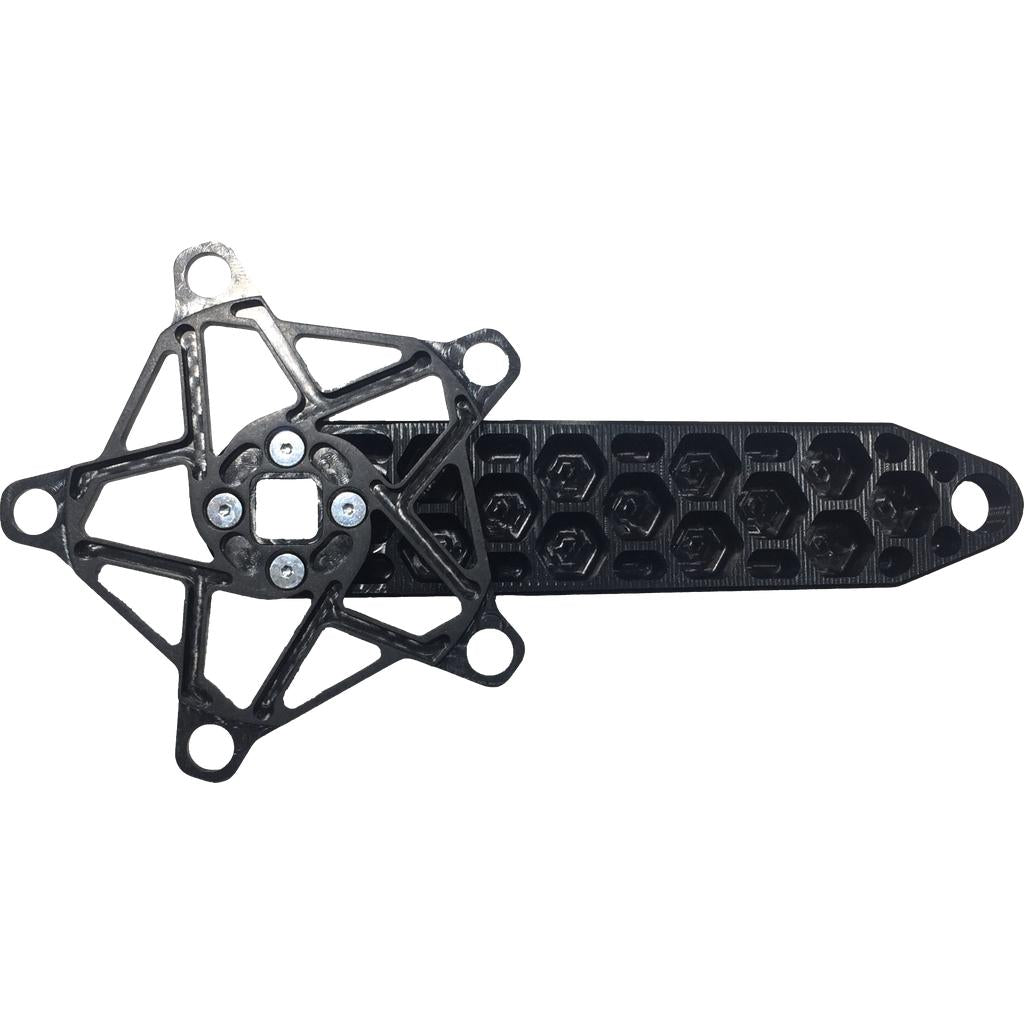The Rennen Hive Mini Square Tapered Cranks feature a black plastic construction with a geometric star-shaped section connected to a rectangular, honeycomb-patterned arm and secured by four visible screws—making them an ideal lightweight mini crank solution.
