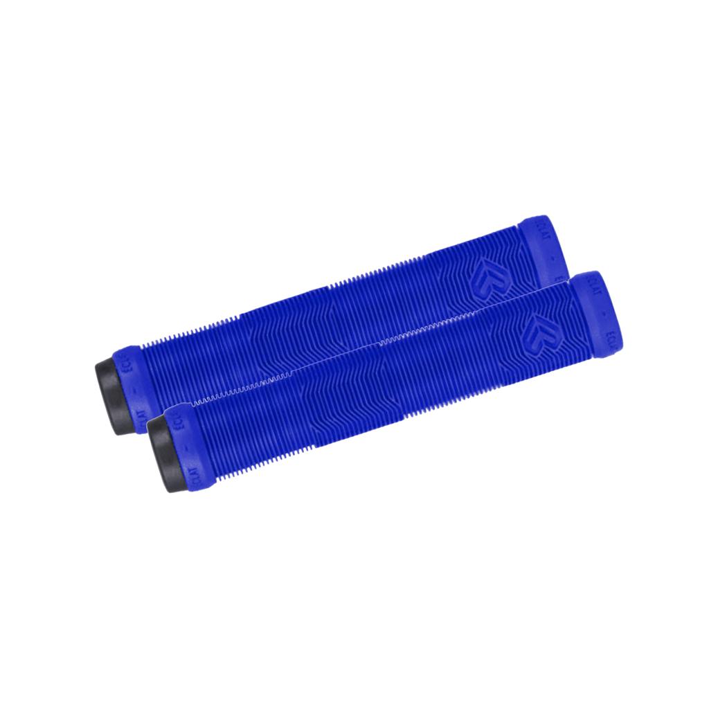 Two Eclat Pulsar Grips in blue, ribbed and flangeless, with black end caps made from ODI super soft rubber, are placed parallel to each other on a white background.