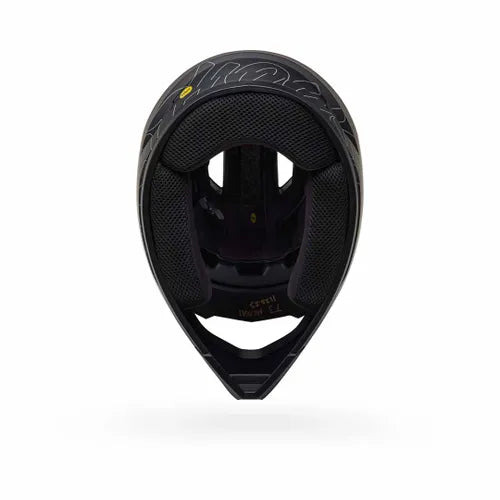 Bottom view of the Bell Sanction 2 DLX MIPS Fast House Matte Black BMX racing helmet, showing its aerodynamic design, visible internal padding, and enhanced safety with MIPS technology.