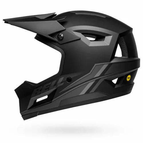 The Bell Sanction 2 DLX MIPS helmet is an affordable full-face option with a matte black finish, visor, side ventilation, and prominent "Bell" branding.