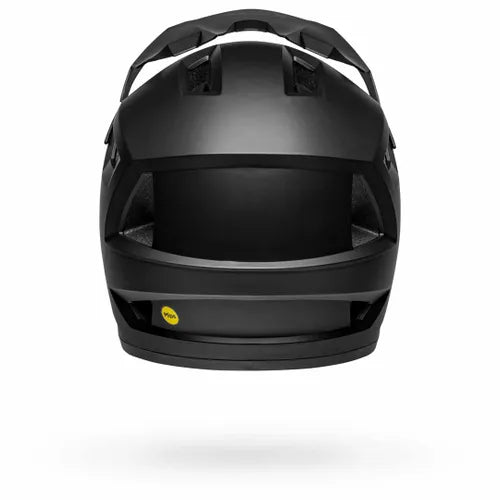 Front view of the Bell Sanction 2 DLX MIPS Matte Black helmet, showcasing angular vents and a yellow MIPS logo at the bottom center—an affordable, lightweight helmet with advanced protection.