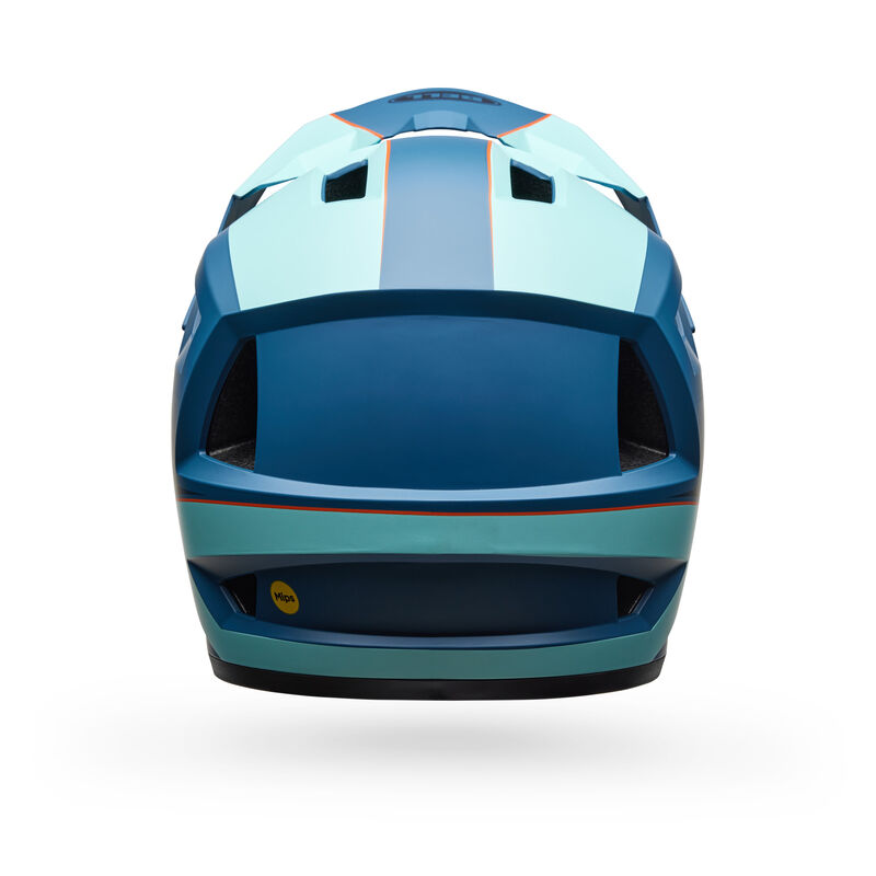 Front view of the Bell Sanction 2 DLX MIPS Matte Blue, a lightweight cycling helmet in blue with teal and red accents, featuring ventilation slits and MIPS technology for enhanced safety.
