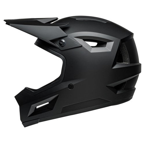The Bell Sanction 2 Matte Black is a full-face motocross helmet with angular vents and visor, displayed in a side view.