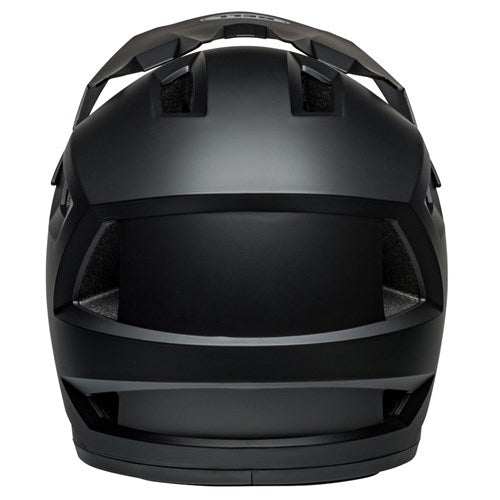 The Bell Sanction 2 Matte Black is a full-face bicycle helmet shown from the rear, highlighting its ventilation openings and angular matte black design.