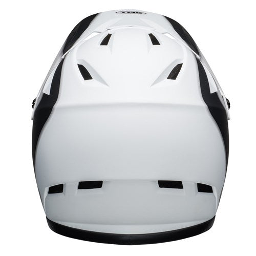 Rear view of the Bell Sanction Matte Black/White Presence Helmet, featuring a white BMX race design with multiple black air vents.