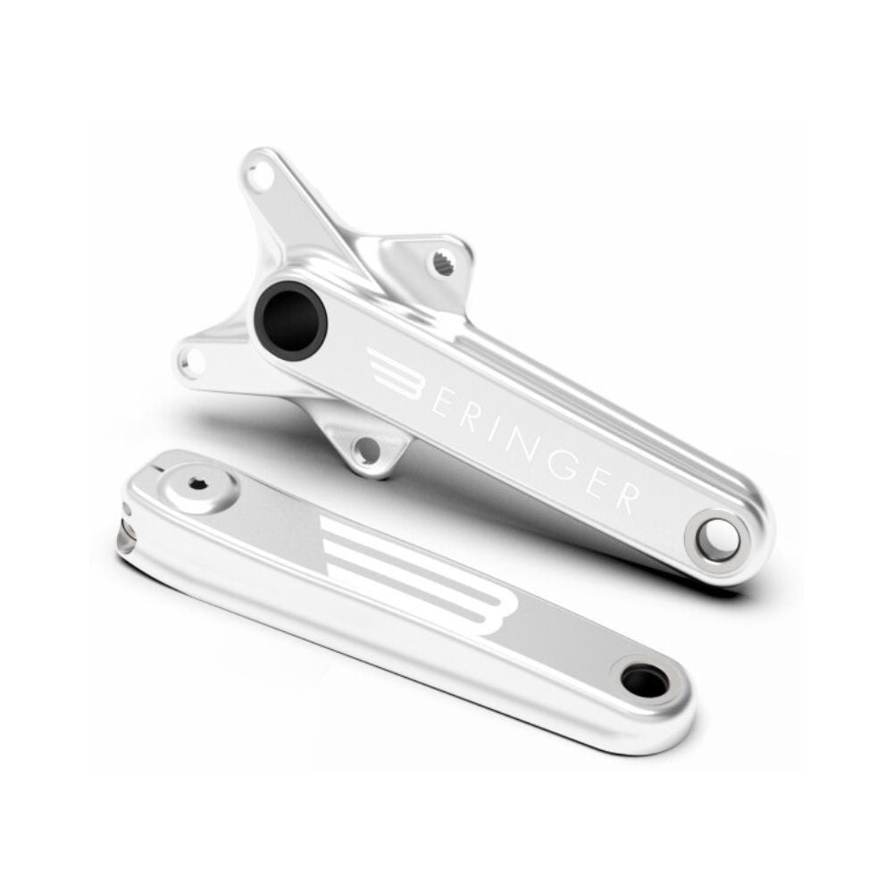 The Beringer J2 Junior Crankset features two silver metal cranks—one flat, one upright—each engraved with the wing logo and "BERINGER," perfect for junior BMX bikes.