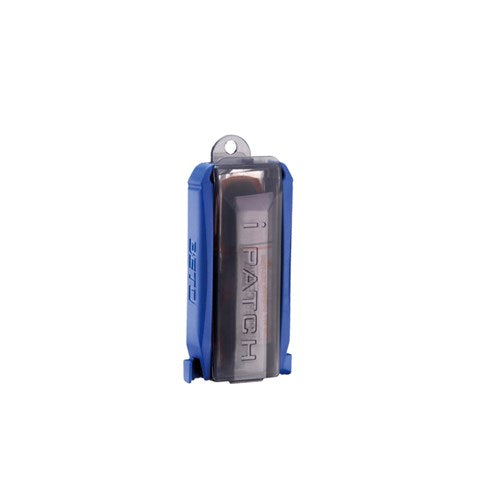 Blue and gray container labeled "1 PATCH" with a hook, ideal for storing patches from the Beto I-Patch Tube Repair Kit.