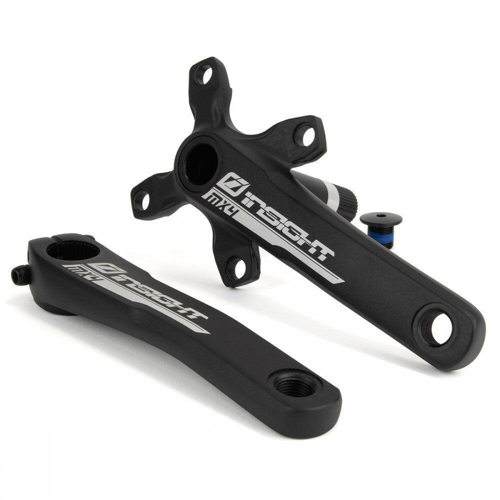 Two black Insight MX4 Cranks are shown, one upright with a four-arm spider and alloy spindle, the other lying flat, both displaying white Insight branding.