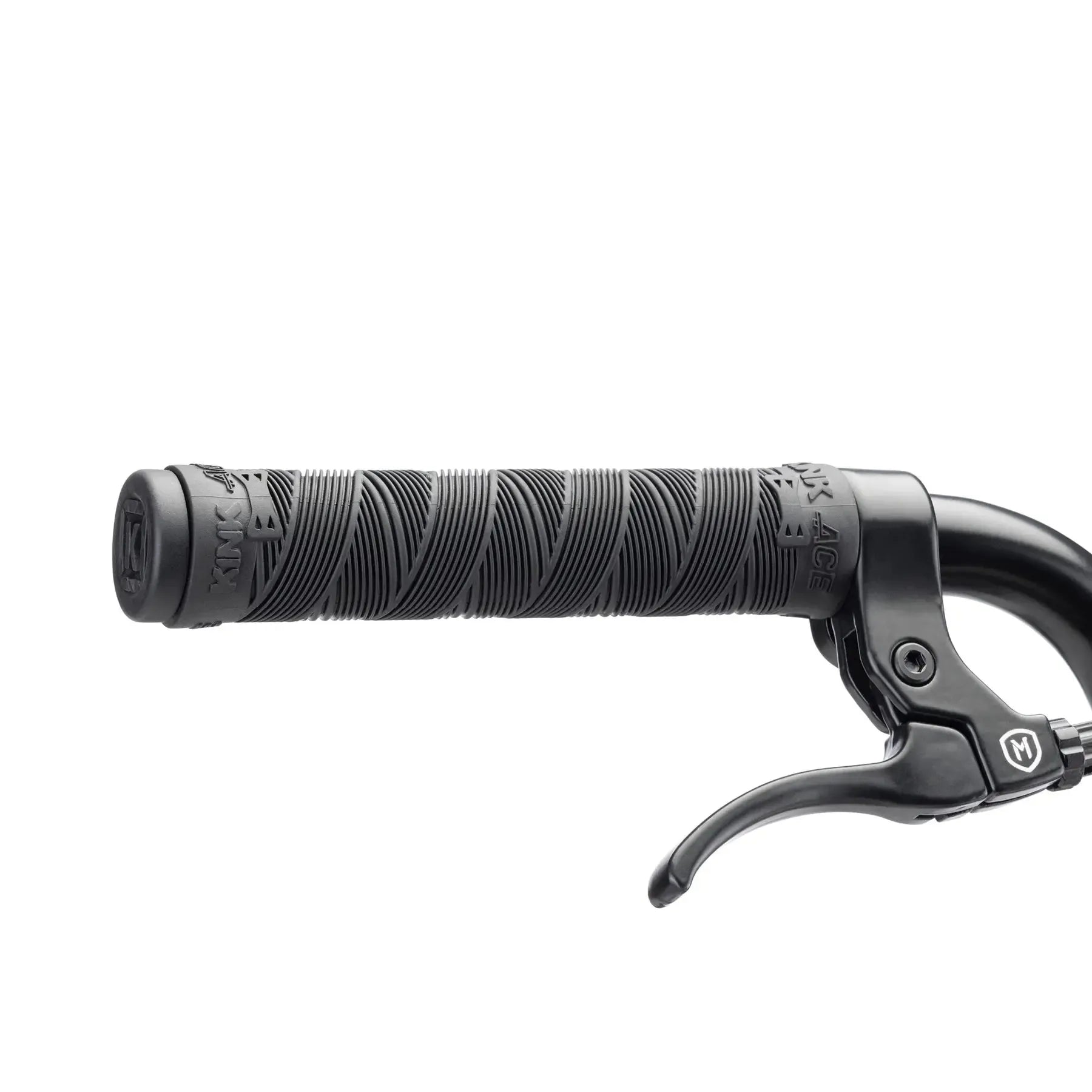 Close-up of a black handlebar with textured rubber grip and brake lever on white background, perfect for the Kink Curb 20 Inch Bike (2026)—an excellent pick for beginner BMX riders.
