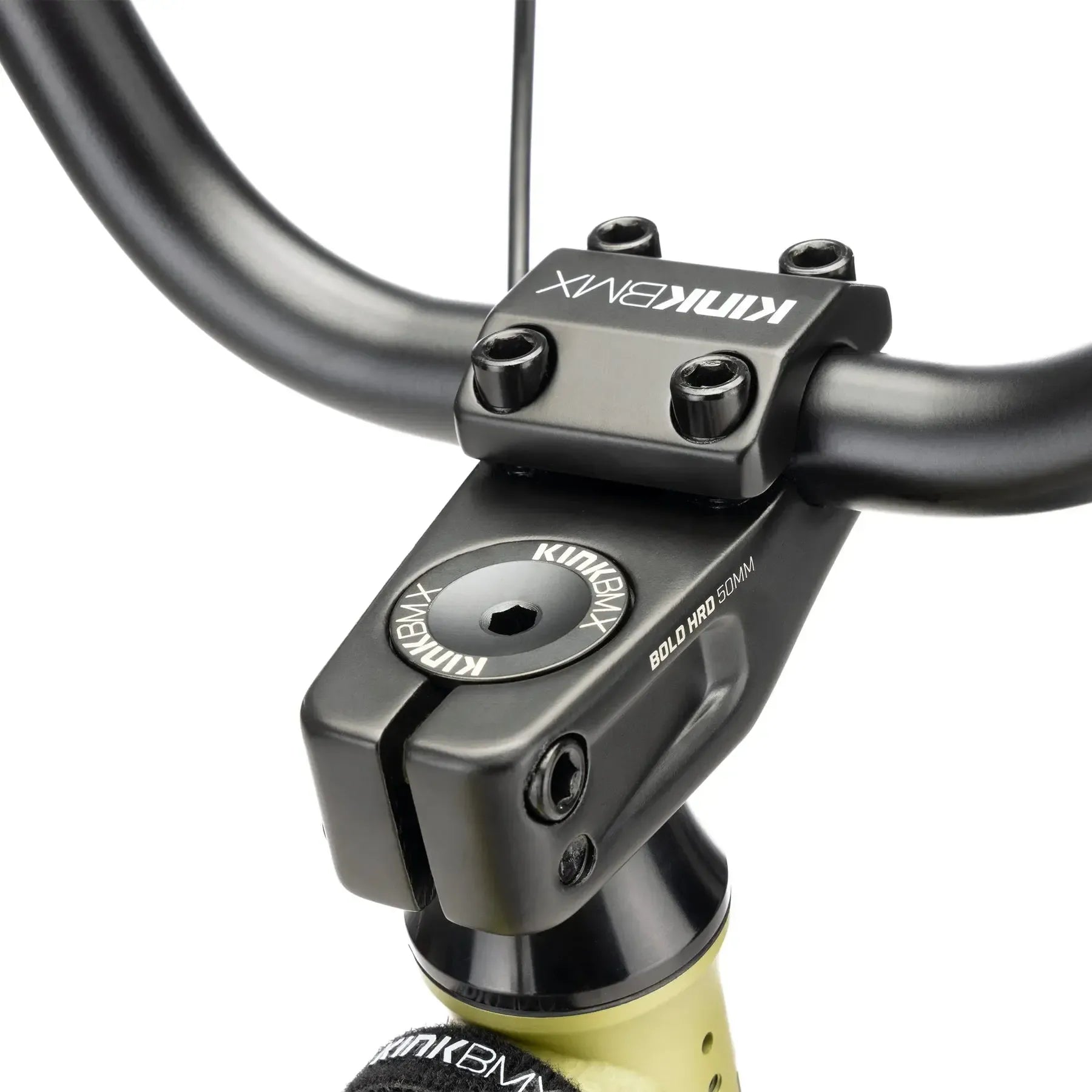 Close-up of a Kink BMX Bold HRD 50mm stem linking black handlebars to the fork, with bolts and branding visible on the Kink Gap XL 20 Inch Bike (2026), featuring a durable 4130 chromoly frame.