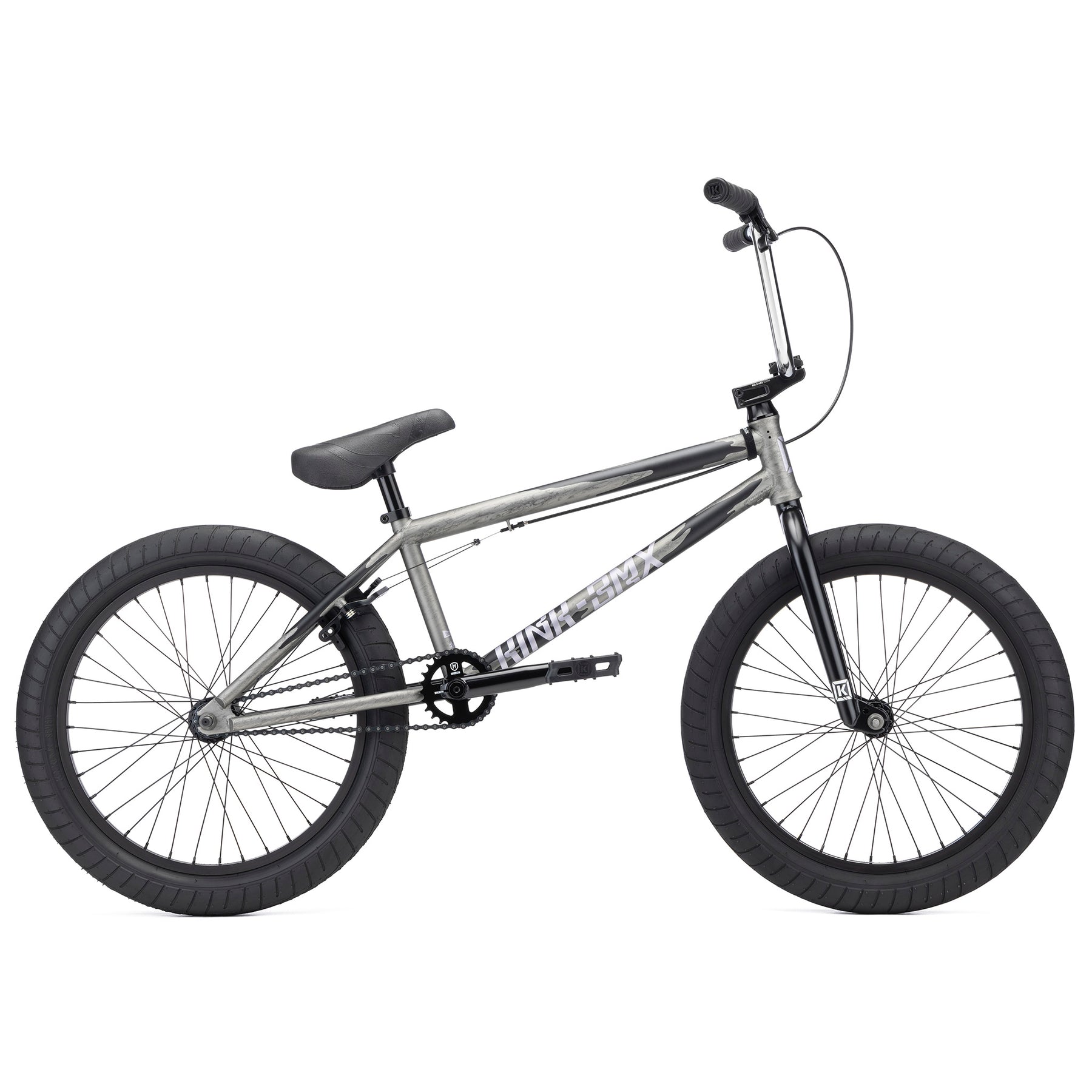 Side view of the Kink Launch LTD 20 Inch Bike, a limited edition BMX with a metallic frame, black saddle and handlebars, thick black tires, and precision sealed bearings.