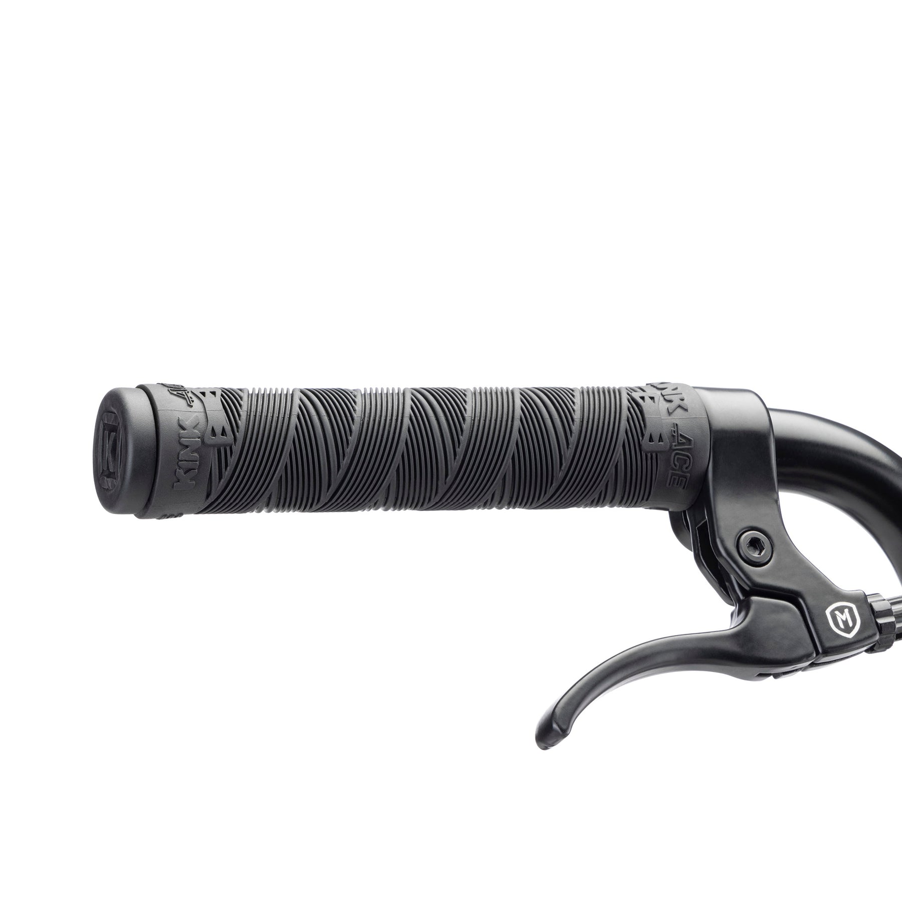 Close-up of the Kink Launch LTD 20 Inch Bike’s black BMX handlebar with a textured rubber grip, brake lever, and sealed bearing headset, all set against a white background.