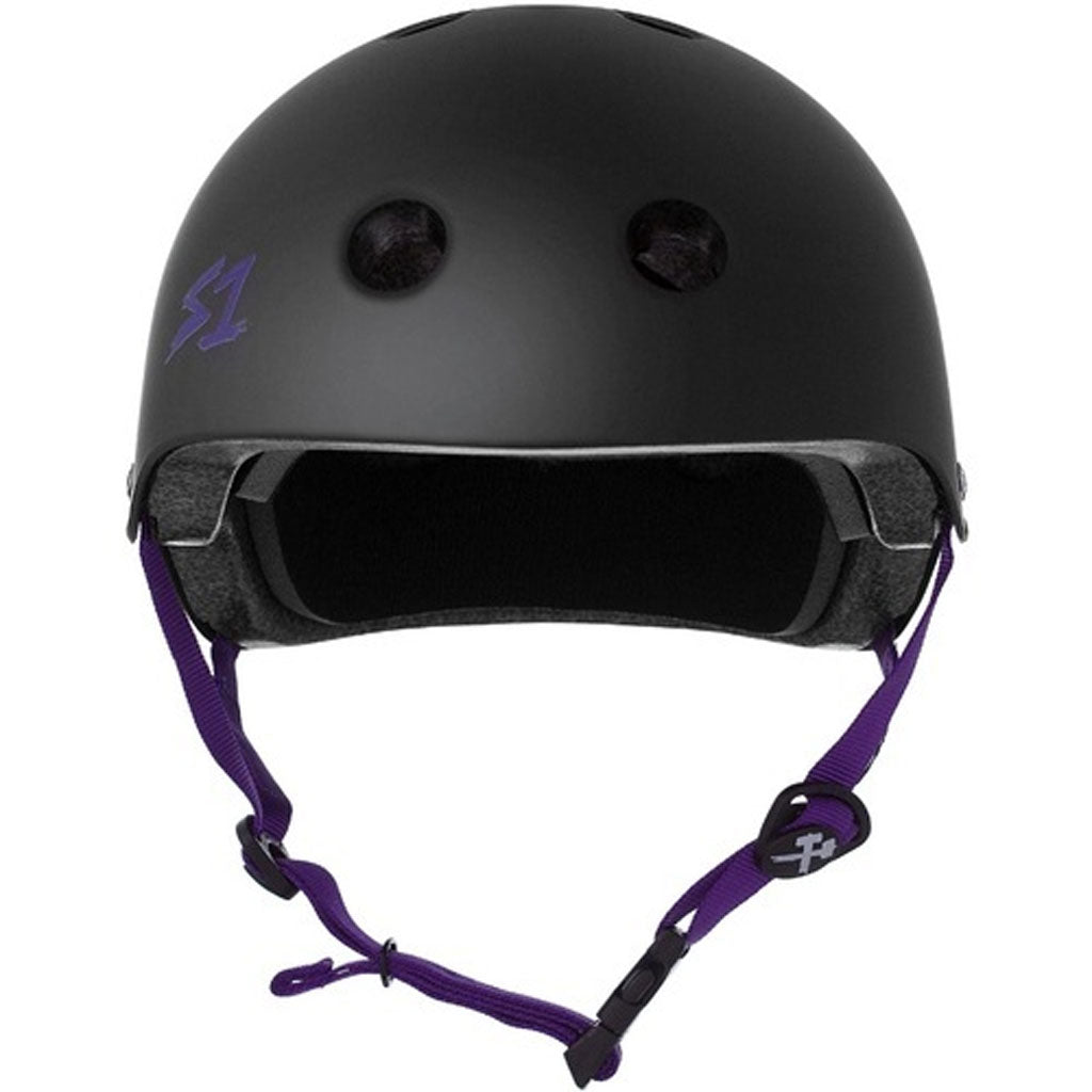 A certified S-One Helmet Lifer Black Matte/Purple Straps provides protection on a white background.