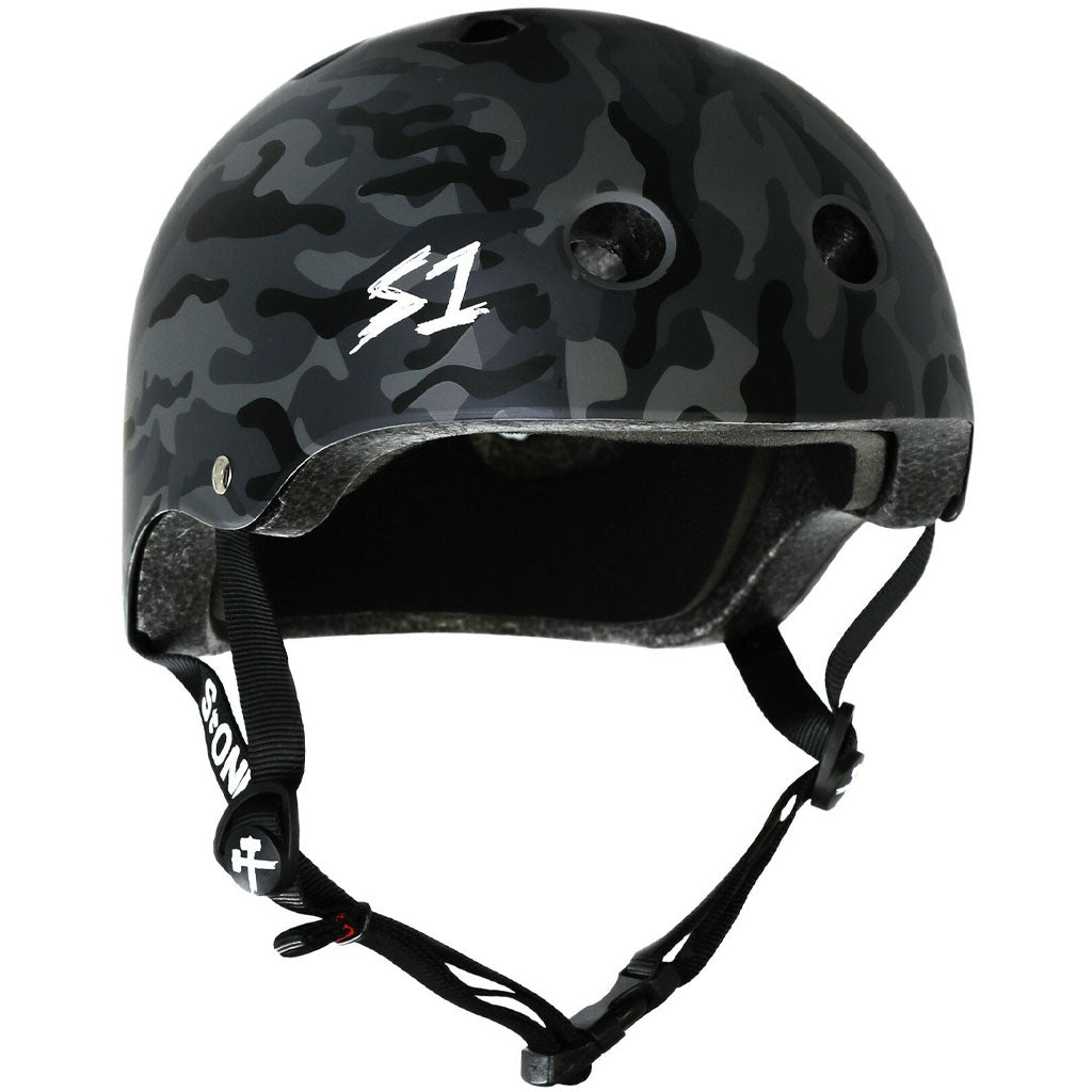 A S-One Helmet Lifer Black Camo for skateboarding protection on a white background.