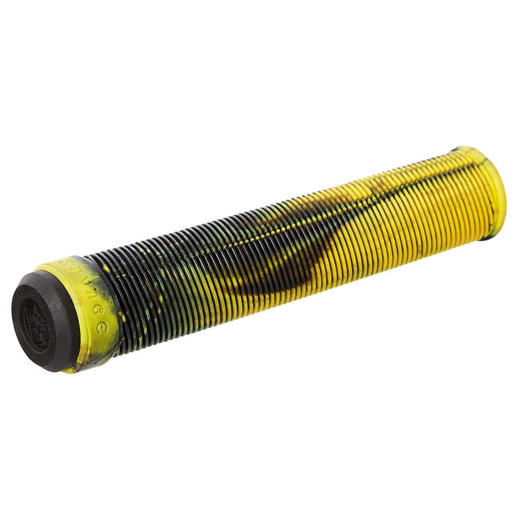 A Fit Bike Co Savage V2 Flangeless Grips in yellow and black on a white background.
