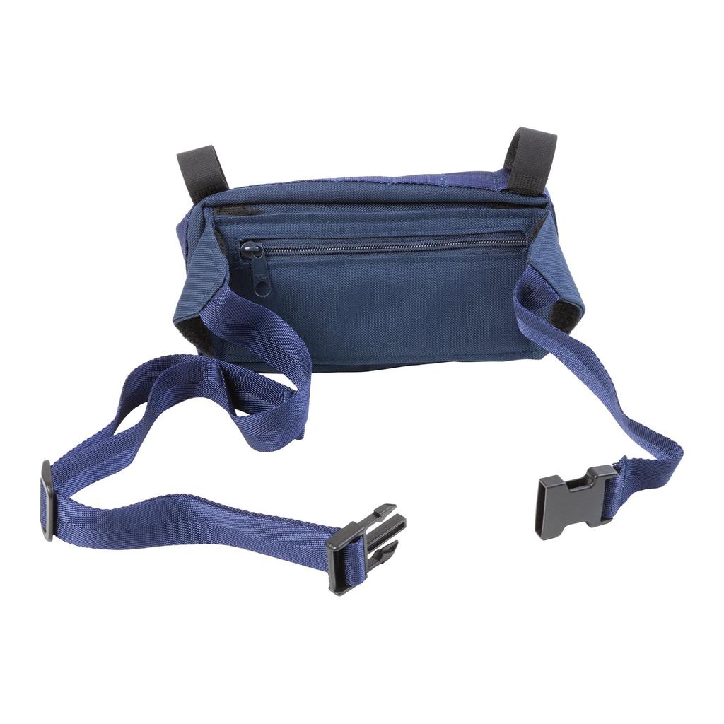 The Odyssey Switch Pack Universal Bag in blue fabric features a front zipper pocket, adjustable strap with black plastic buckle, and is ideal as a stylish, multi-use waist pouch—shown on a white background.