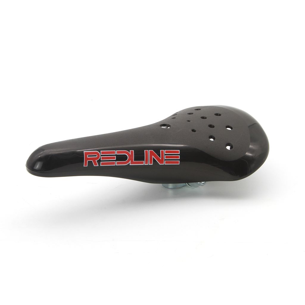 A black bicycle seat with red text, inspired by Redline Elina Style Railed Seat.