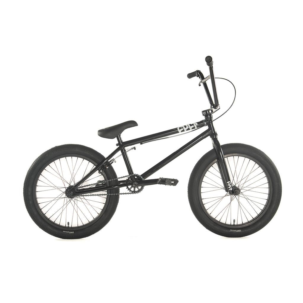 The Cult Access 20 Inch Bike, shown from the side against a white background, features a black frame with a straight top tube, thick tires, and flat pedals—making it an ideal BMX bike for beginners.