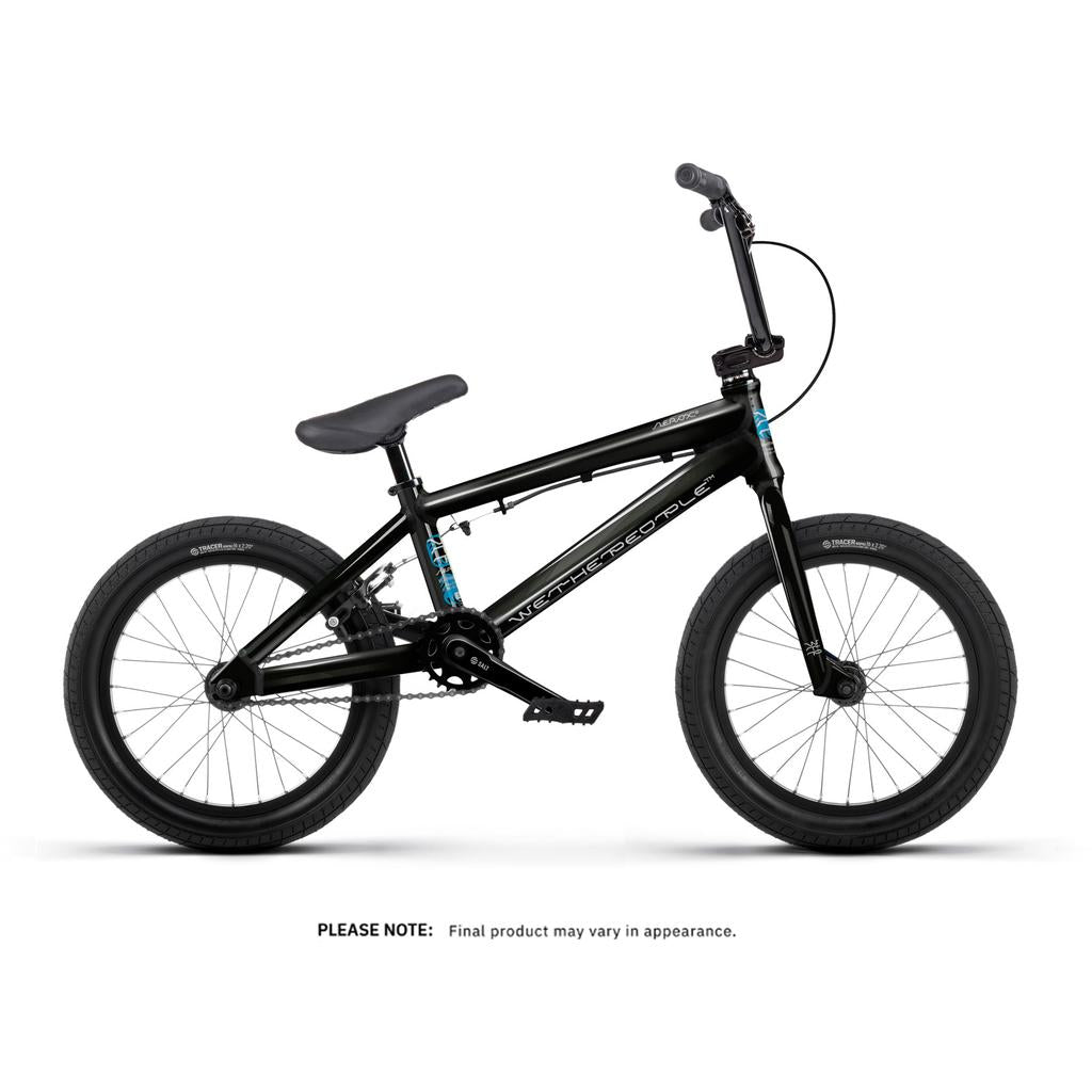 Side view of the Wethepeople Aerox 16 Inch Bike in black with blue accents, featuring a lightweight alloy frame, padded seat, thick tires, and straight handlebars, set against a white background.