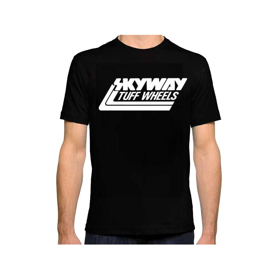 A man wearing a black Skyway Tuffwheel USA Made T-Shirt with an iconic Skyway Brand logo, proudly made in the USA.