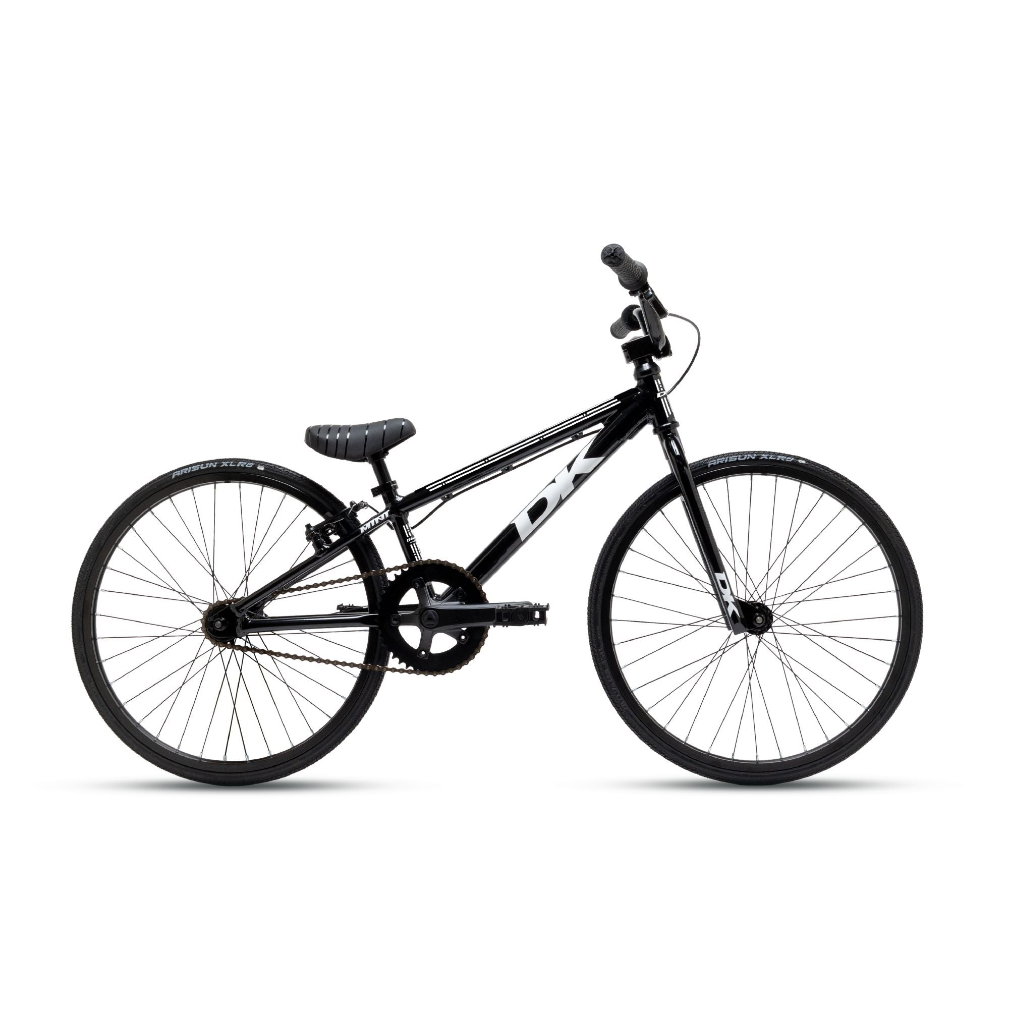 A black DK Swift Mini Bike Black/White with white lettering, featuring a single gear and no visible brakes, stands against a white background.