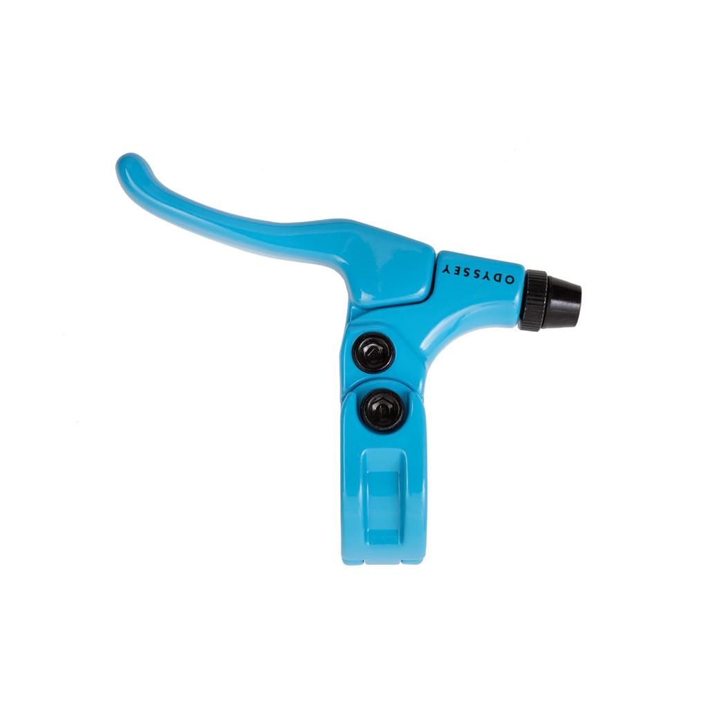 An Odyssey Monolever Medium Lever in blue, featuring a hinged clamp, two visible bolts, and "ODYSSEY" printed on the side, is displayed against a white background.