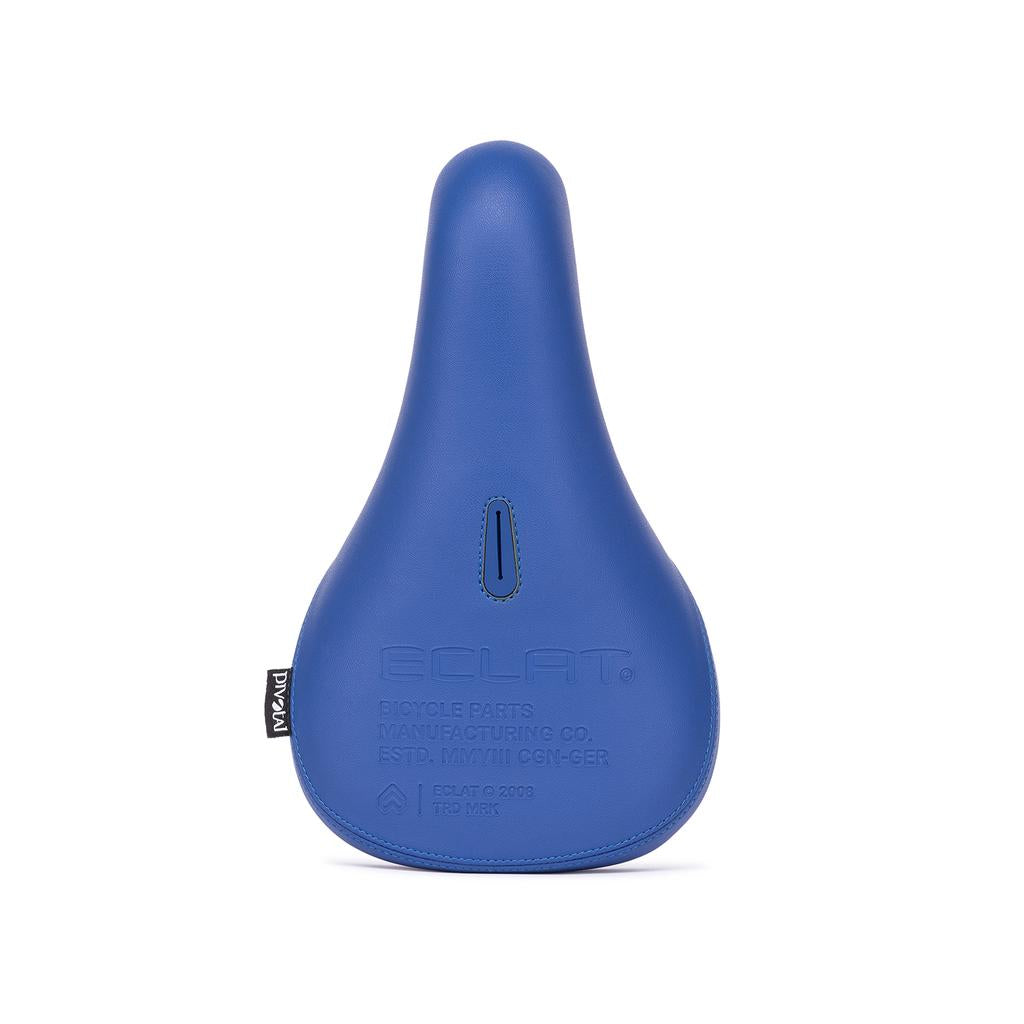 The Eclat Bios Fat Pivotal Seat is a blue BMX seat featuring a stitched label on the left side and embossed text on the front, shown against a white background.