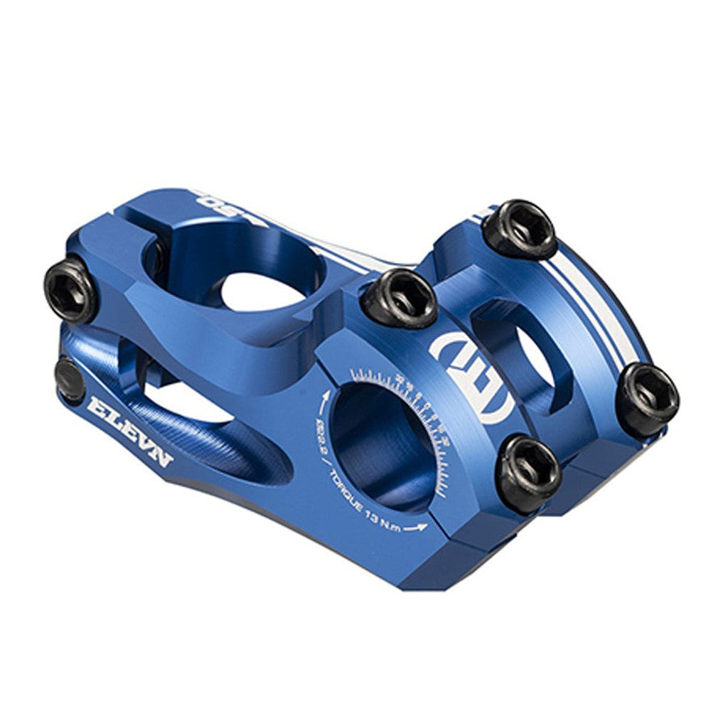 An image of the lightest available Elevn Overbite 22.2mm Stem 1-1/8in for BMX racing in a vibrant blue color.
