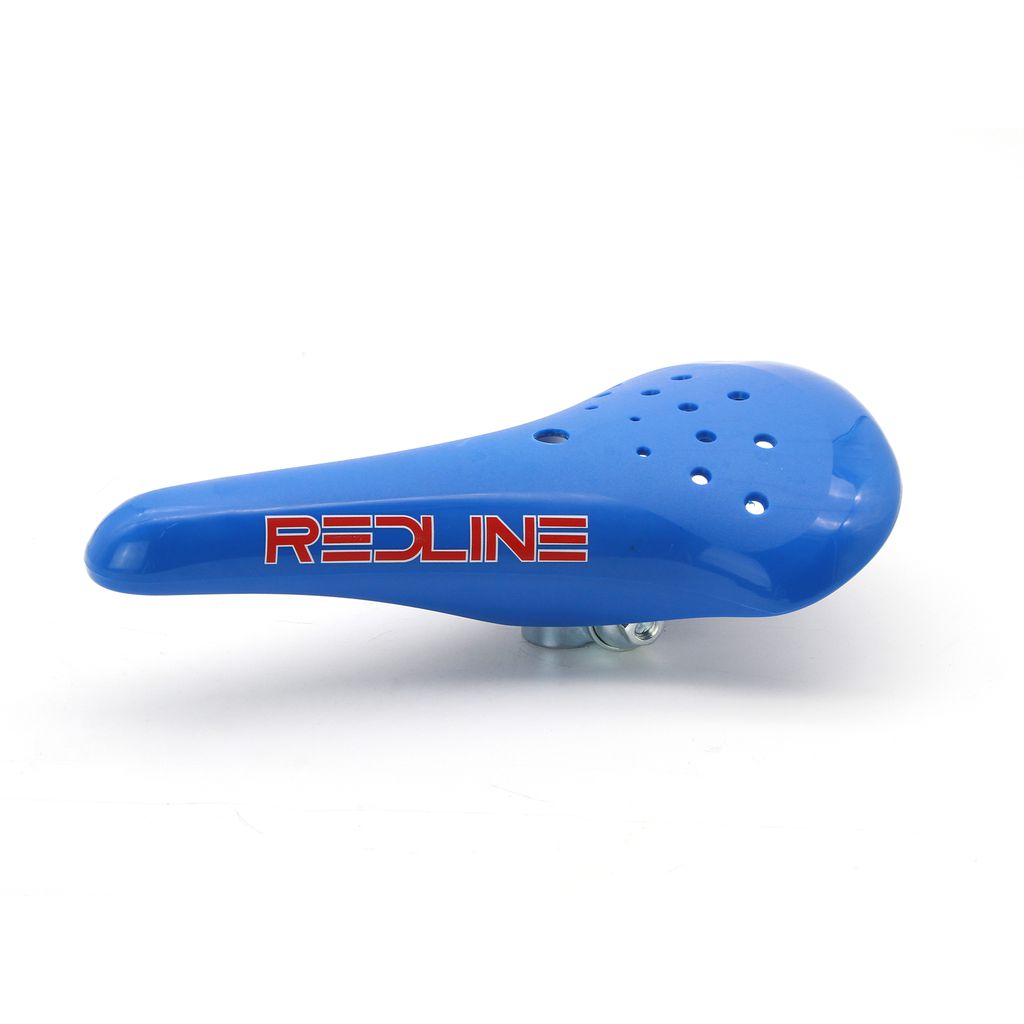 A blue bicycle seat with red text, inspired by Redline Elina Style Railed Seat.