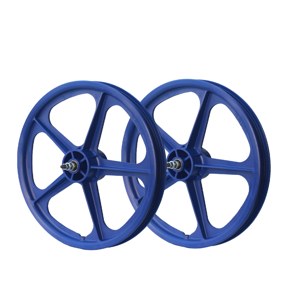 A pair of blue Skyway Tuff 5 Spoke 16 Inch Wheelset with sealed bearings for 16" bikes.