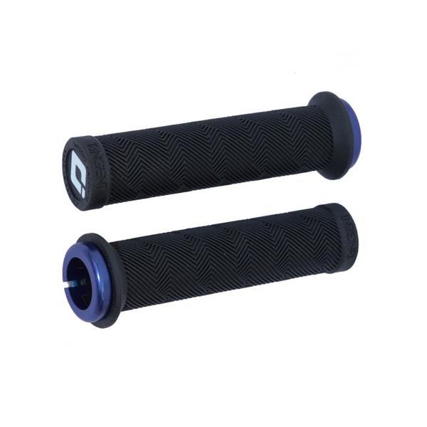 Two Tangent Contour Lock On Grips, black slim fit with a textured zigzag pattern and blue lock-on collars at the ends, are displayed on a white background.