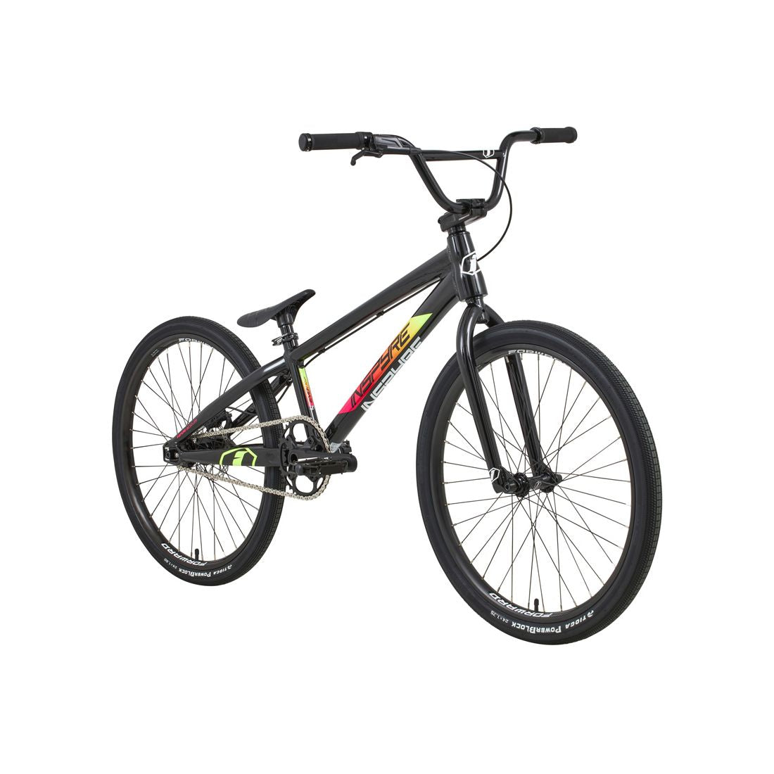 The Inspyre Evo Disc Pro Cruiser Bike 2026 is a black BMX racing bike with a lightweight frame, angled top tube, thick tires, race-ready geometry, and multicolored graphics shown on a white background.