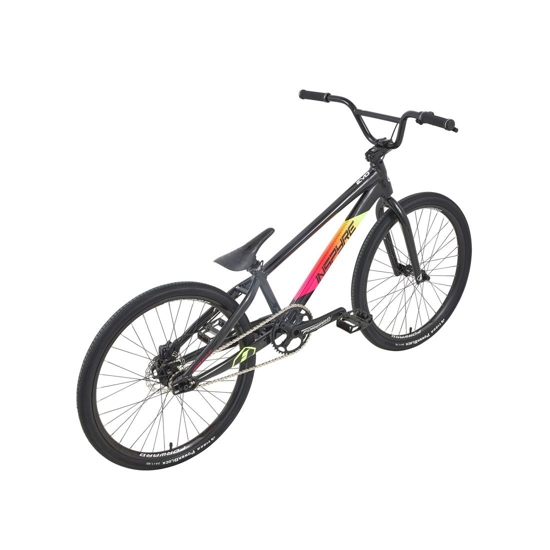 The Inspyre Evo Disc Pro Cruiser Bike 2026 is a black BMX racing bike with a red and yellow gradient frame, thick tires, upright handlebars, and race-winning geometry, shown from a rear side angle.