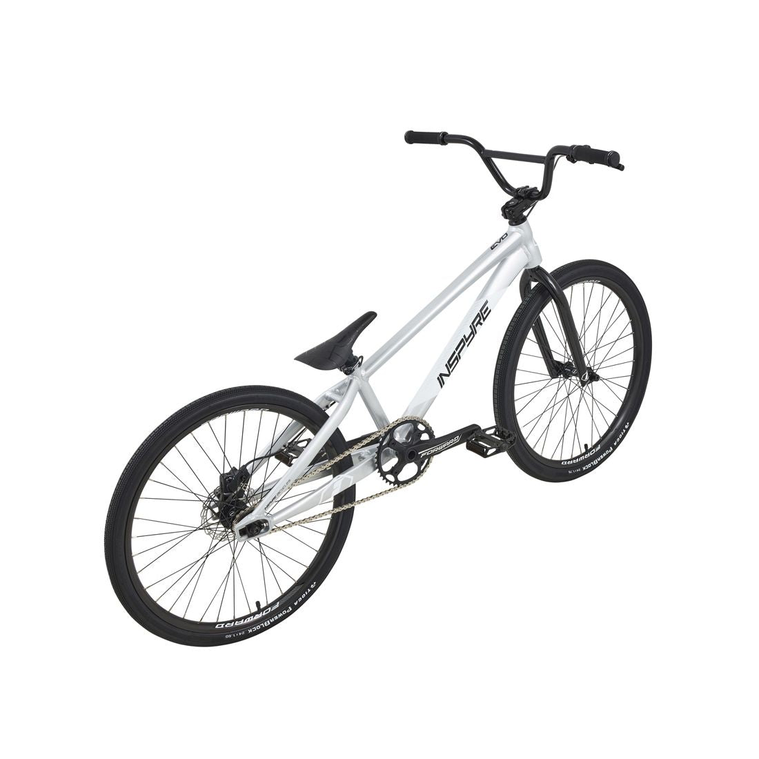 The Inspyre Evo Disc Pro Cruiser Bike 2026, in white with black handlebars, seat, and tires, is shown from a rear side angle against a plain white background.