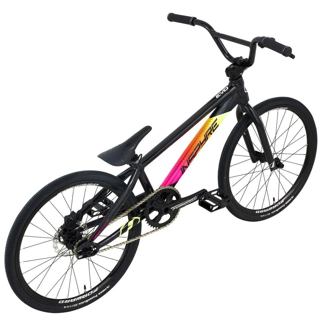 The Inspyre Evo Disc Expert Bike 2026 is a black BMX race bike with a pink and yellow gradient frame, single gear, black seat and wheels, plus reliable hydraulic disc brakes for superior stopping power.