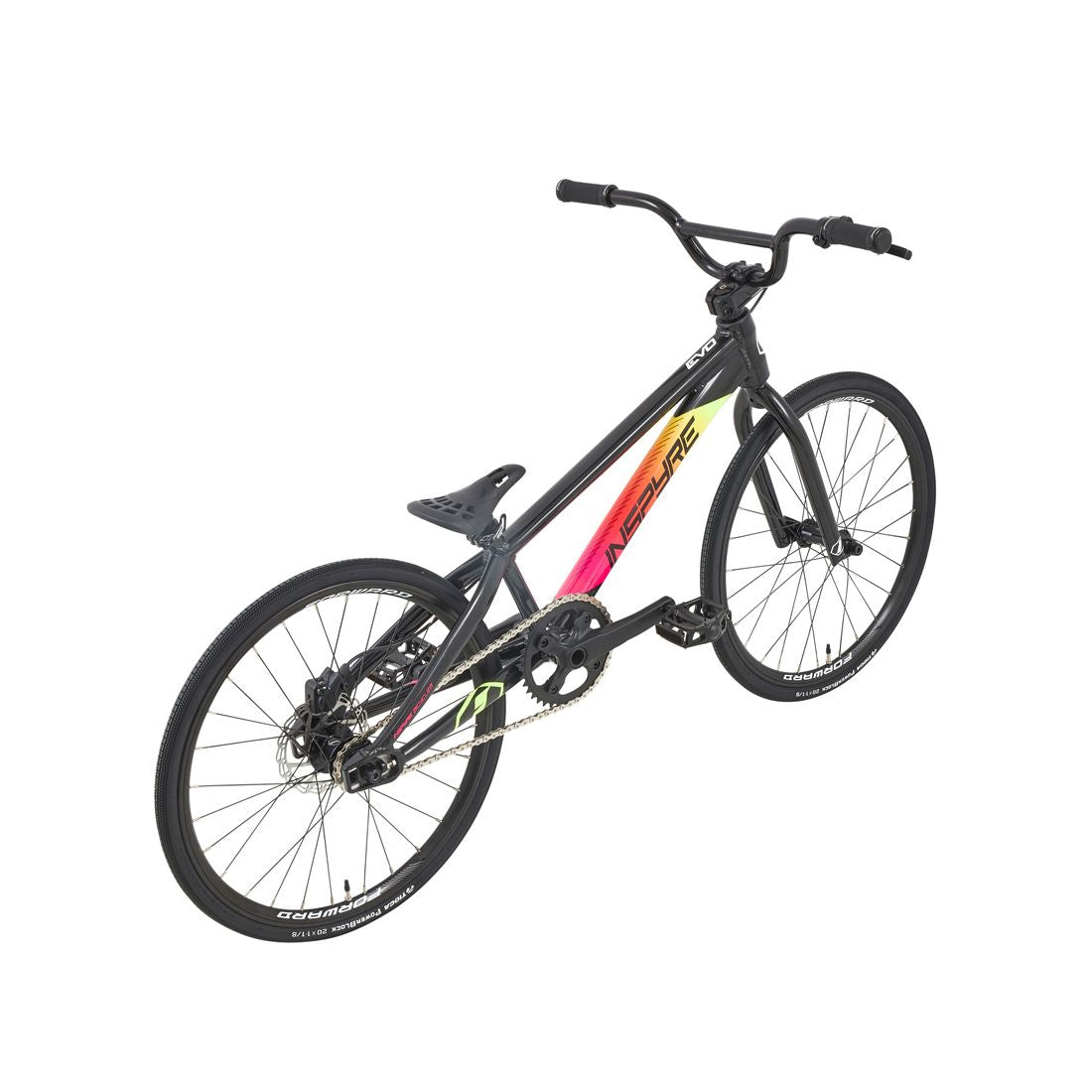 The Inspyre Evo Disc Junior Bike 2026 features a black frame with a red-yellow gradient, thin tires, flat seat, and upward-angled handlebars—a BMX race bike built for speed and style.