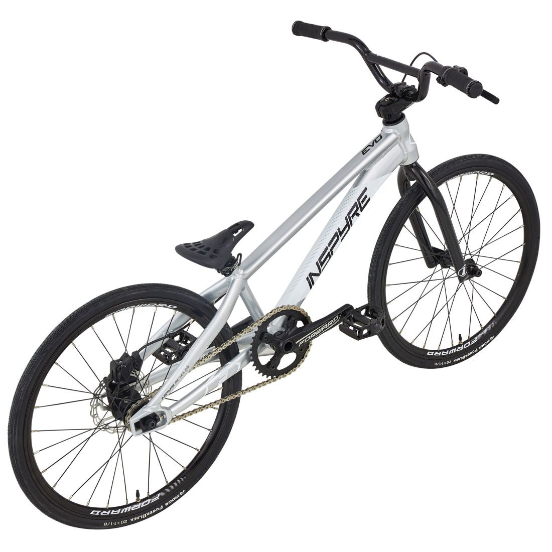 A silver Inspyre Evo Disc Junior Bike 2026 with black wheels, handlebars, and pedals, featuring the "INSPIRE" brand name on the frame.
