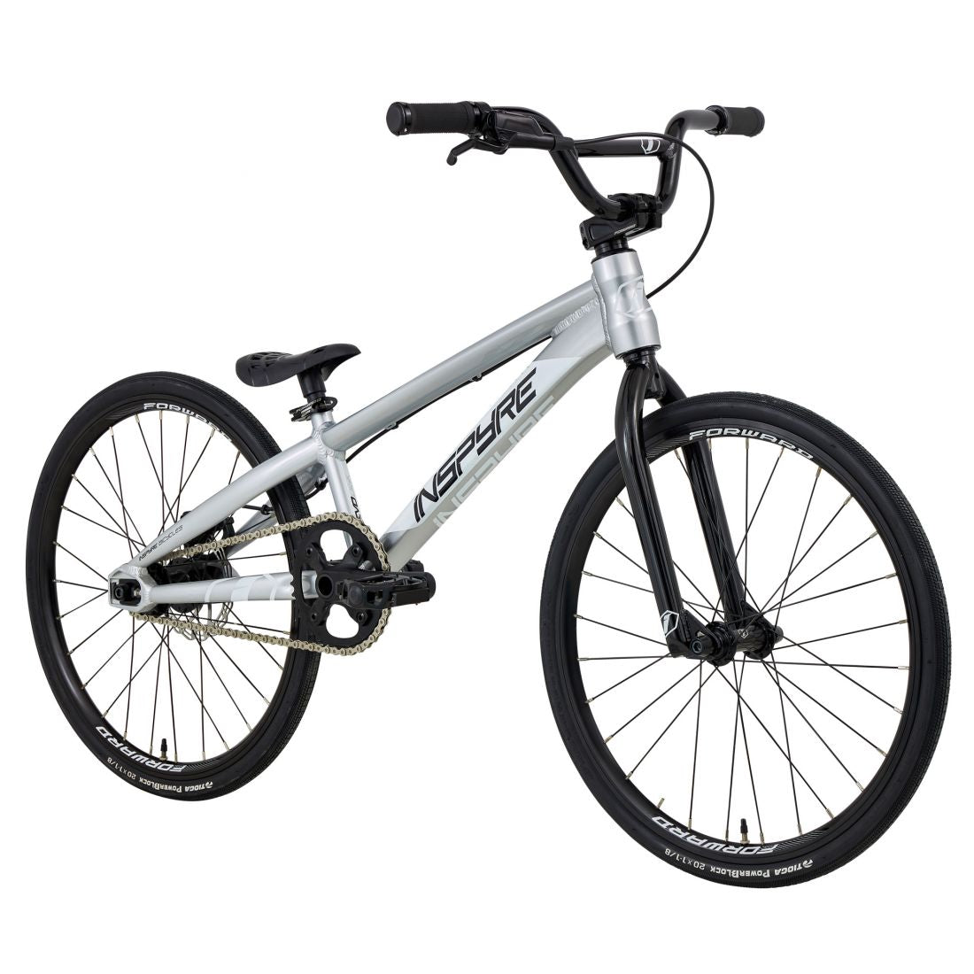 A silver Inspyre Evo Disc Junior Bike 2026 with black handlebars, black wheels, and "INSPYRE" branding on the frame is shown against a white background.