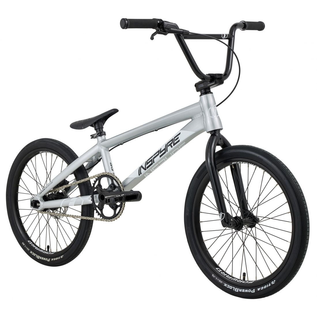 The Inspyre Evo Disc Pro L Bike 2026 is a silver BMX race bike with black wheels, tires, handlebars, and seat, featuring the "INSPYRE" brand name on the frame and shown against a white background.