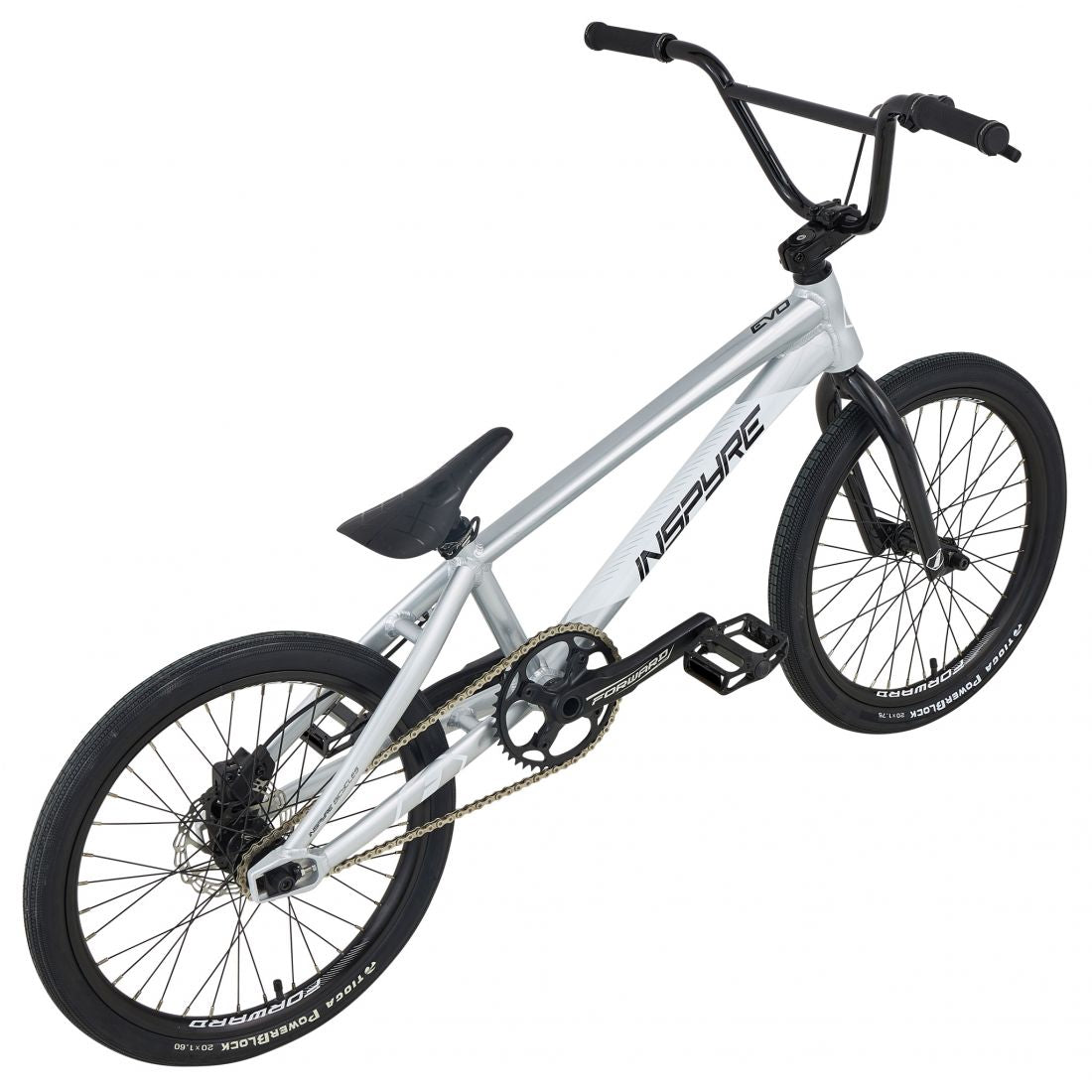 The Inspyre Evo Disc Pro L Bike 2026 is a silver BMX race bike with black handlebars, seat, wheels, and pedals. The "INSPIRE" logo decorates the frame, blending classic style with modern design inspired by the EVO series.