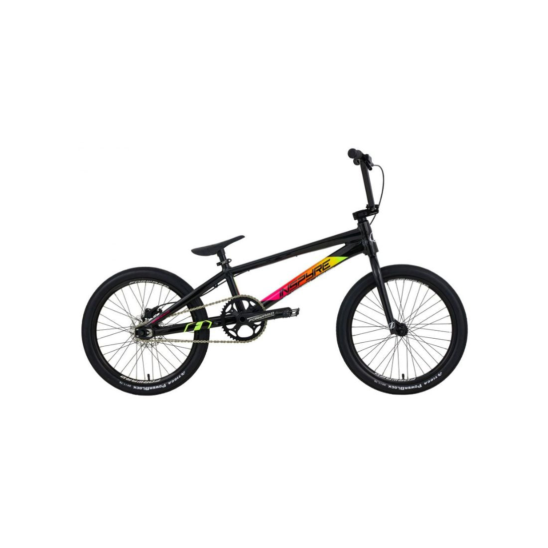 The Inspyre Evo Disc Pro XL Bike 2026 is a black BMX race bike with a sloped top tube, 20-inch wheels, and neon yellow and red graphics. It offers responsive handling and hydraulic disc brakes for smooth stopping power. Shown against a white background.