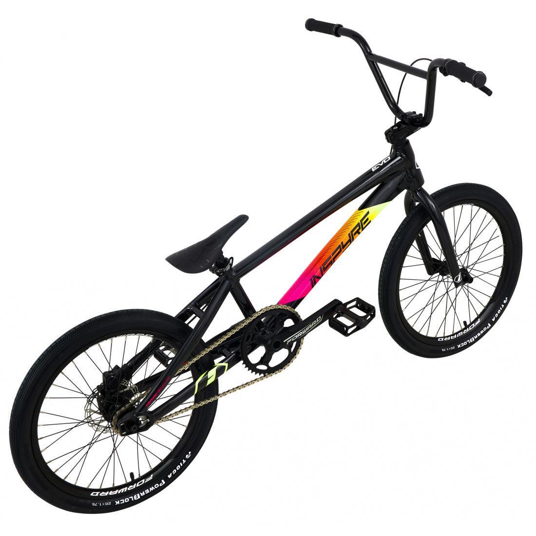 The Inspyre Evo Disc Pro XL Bike 2026 features a straight top tube, black tires, multicolor frame graphics, and powerful hydraulic disc brakes. Shown on a white background.