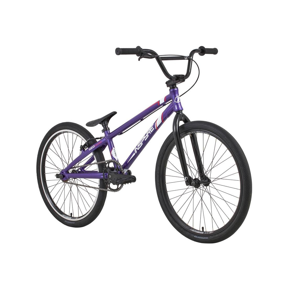 The Inspyre Neo Pro Cruiser Bike 2026 is a purple BMX race bike with an aluminum frame, black tires, black handlebars, and a small seat, shown on a white background—ideal for entry-level riders.