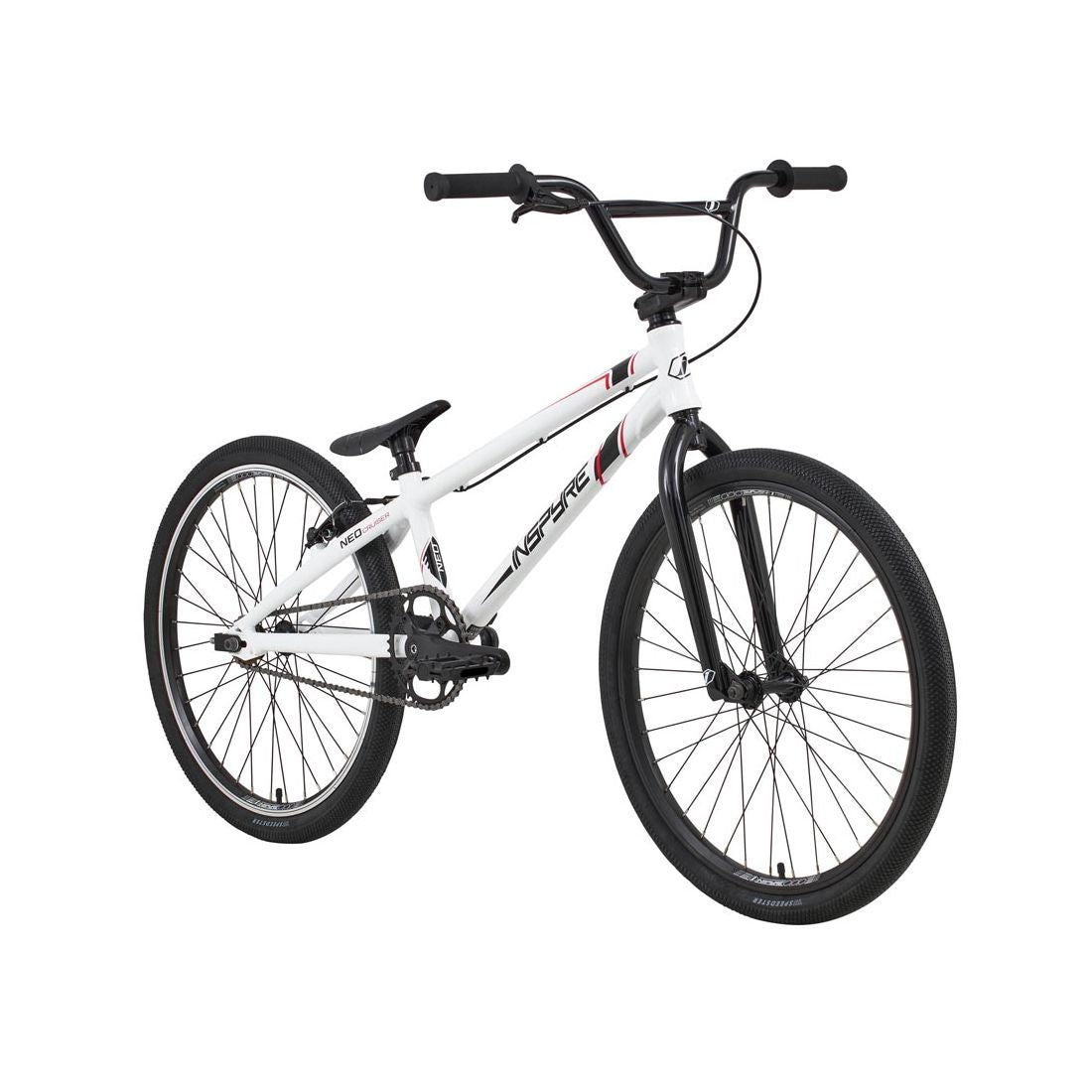 The Inspyre Neo Pro Cruiser Bike 2026 is a white, entry-level BMX race bike with an aluminum frame, black handlebars, wheels, and seat, shown on a plain white background.