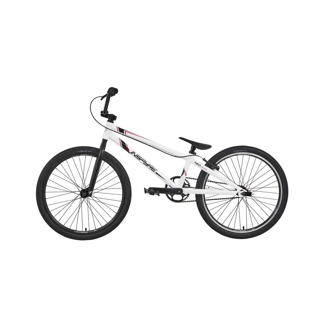 The Inspyre Neo Pro Cruiser Bike 2026 is a white and black BMX race bike with a sleek aluminum frame, flat handlebars, and two large wheels, shown from the side against a white background.