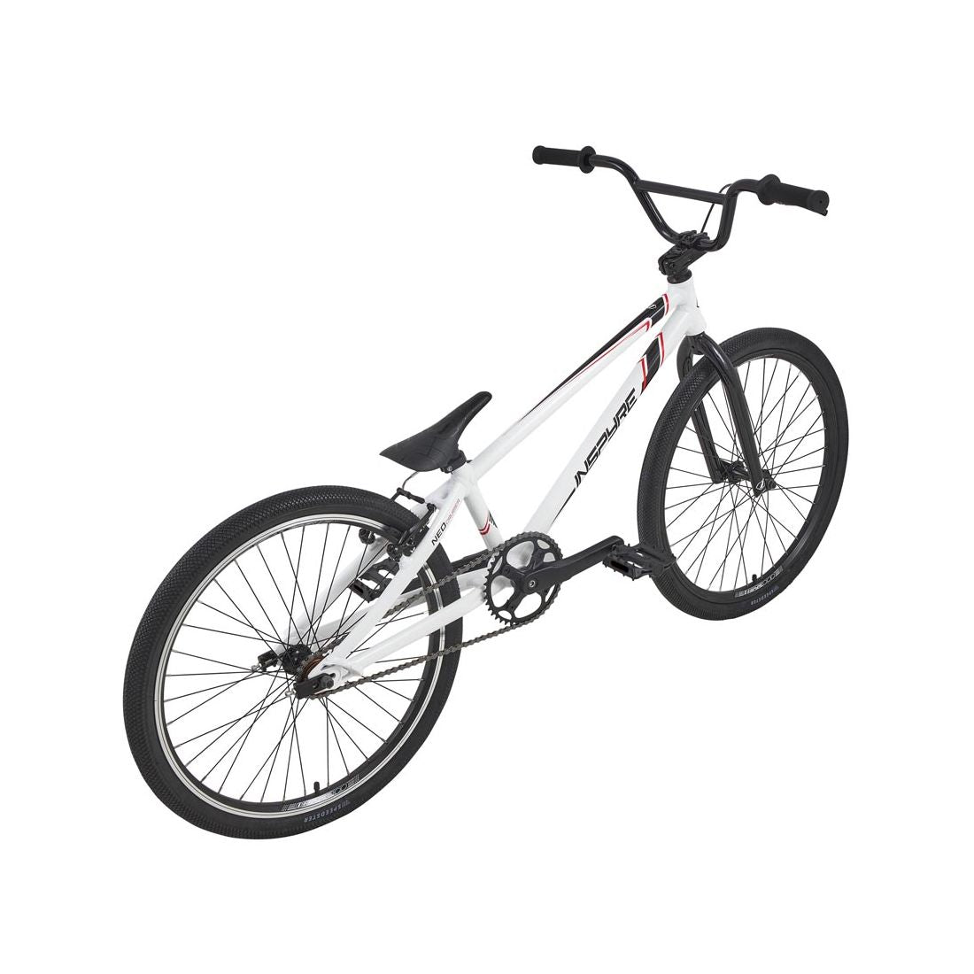 The Inspyre Neo Pro Cruiser Bike 2026 is a white entry-level BMX with black handlebars, seat, and tires. It features a durable aluminum frame and is shown from a rear diagonal angle on a plain white background.