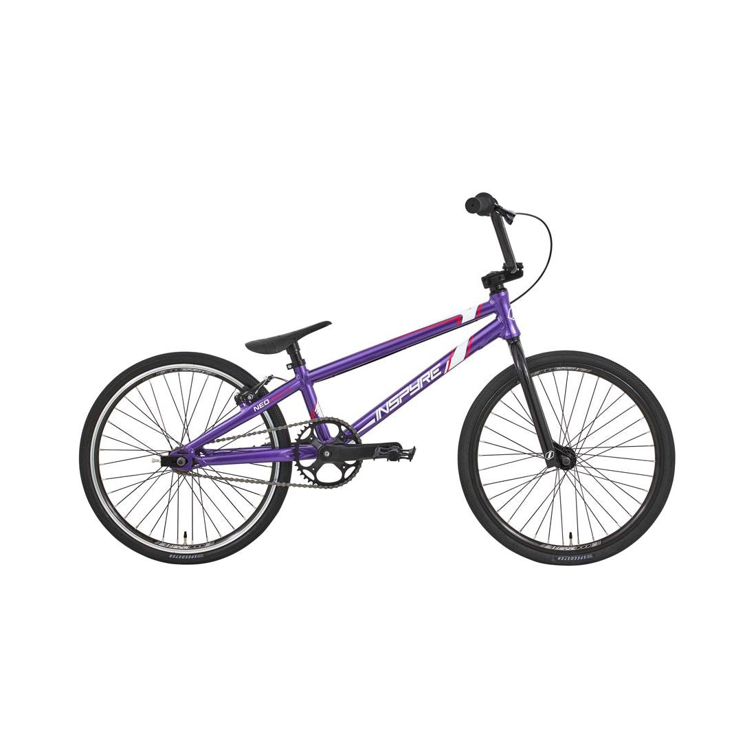 The Inspyre Neo Expert XL Bike 2026 is a purple BMX race bike with black tires, a straight handlebar, and padded seat, shown in side profile against a white background—ideal for kids’ BMX racing.