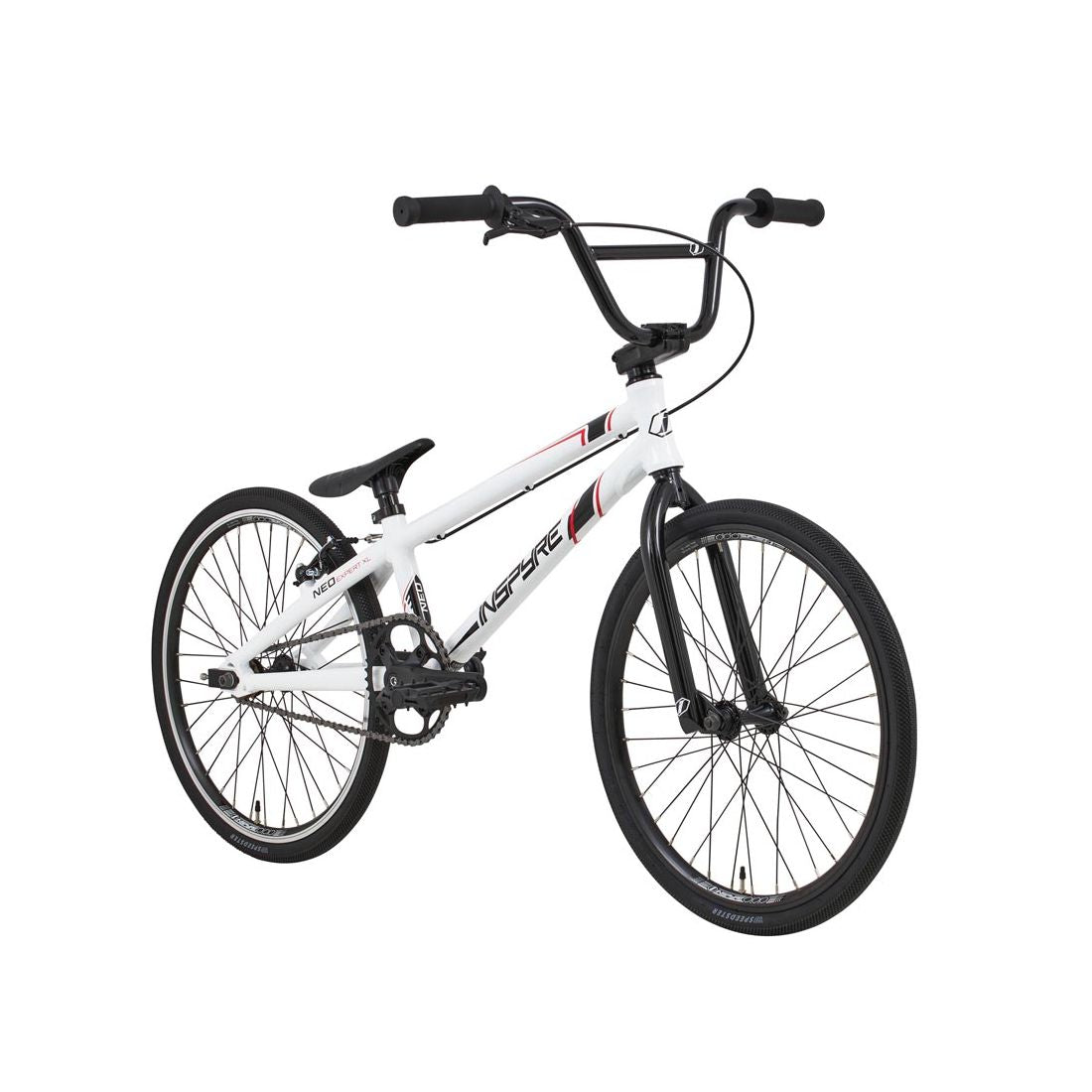 The Inspyre Neo Expert XL Bike 2026 is shown with black handlebars, rims, and seat against a white background. This BMX bike features thin tires and a minimalistic design—ideal for young BMX racing enthusiasts.
