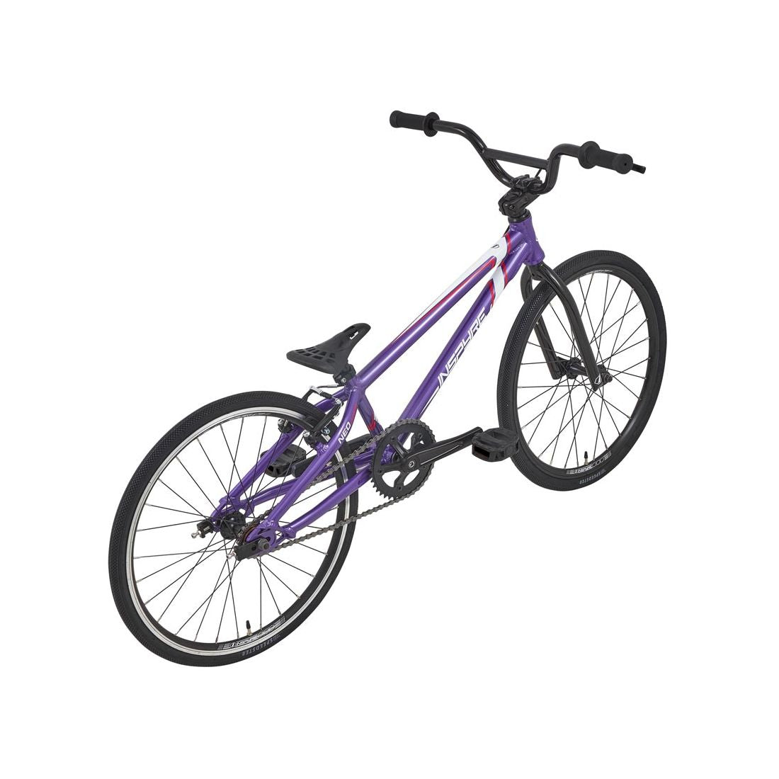 The Inspyre Neo Expert Bike 2026 is a purple entry-level BMX race bike with black handlebars, seat, and tires, shown from a rear side angle on a white background.