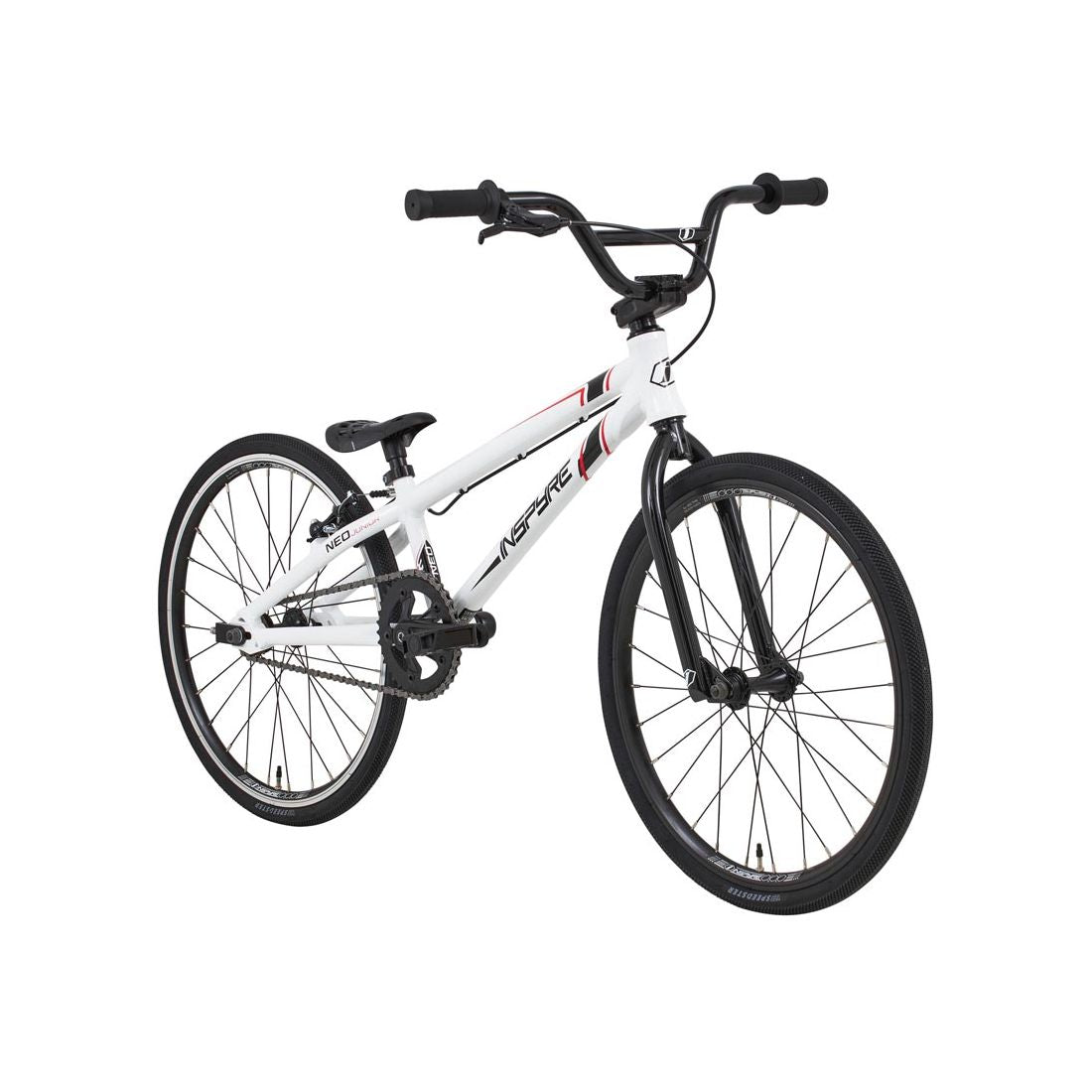 The Inspyre Neo Expert Bike 2026 is a white kids’ BMX racing bike with black tires, handlebars, and seat, shown from a front-side angle on a white background—ideal for entry-level riders.